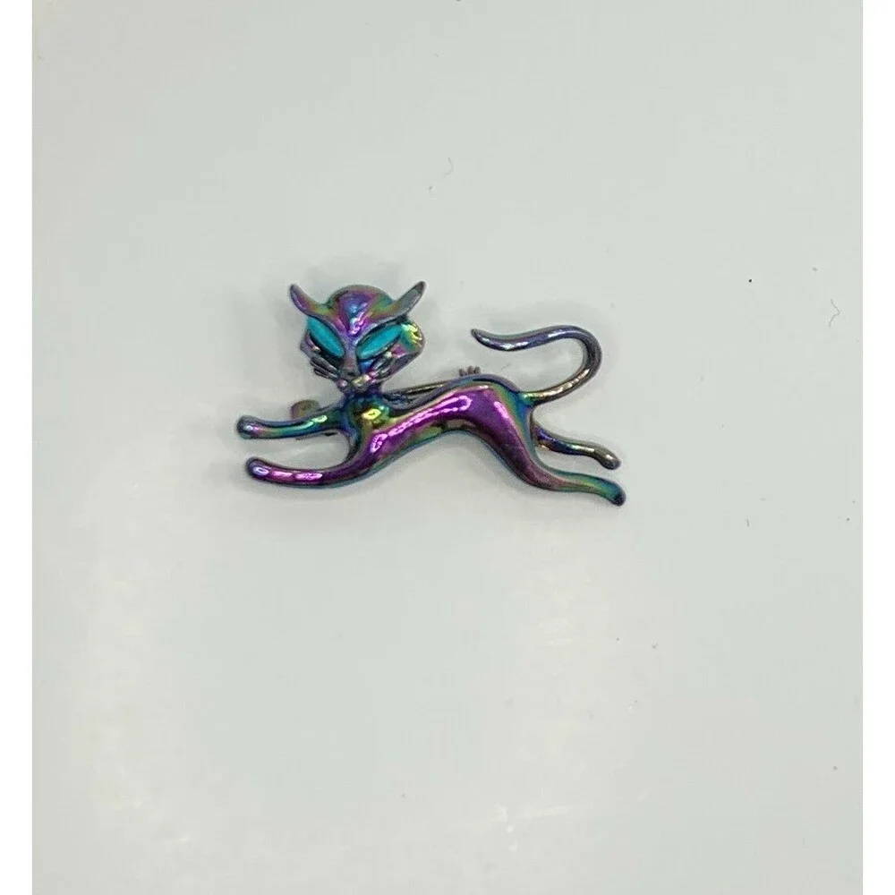 Vintage Witchy Halloween Iridescent Cat Pin Turquoise Eyes Whimsigoth Novelty